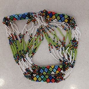 Beaded necklace, Native American style, green blue yellow red orange white black
